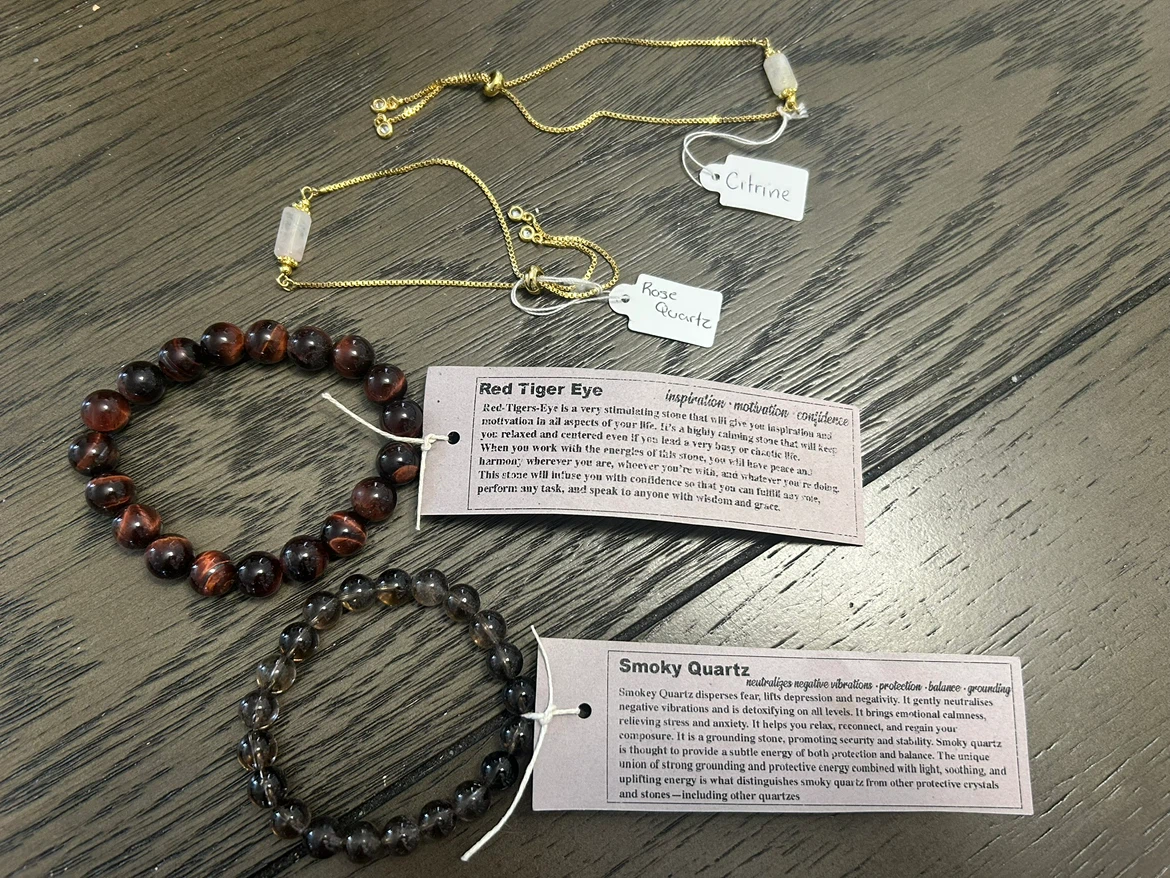 Tiger’s eye and smoky quartz bracelets