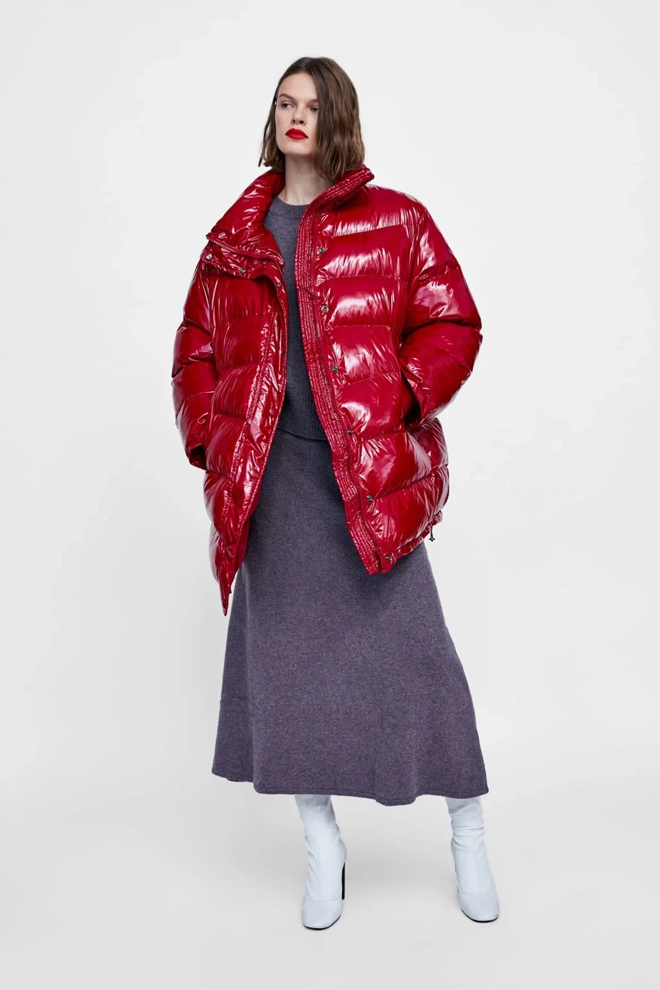 Zara Red Glossy Oversized Puffer Jacket