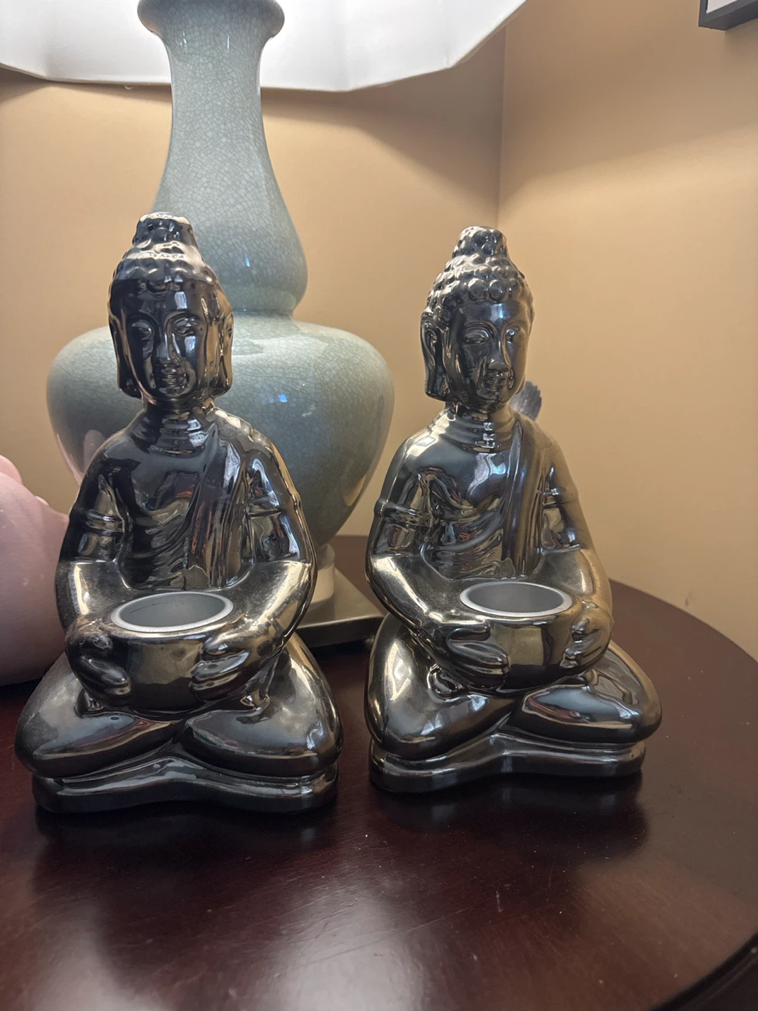 Set of Two Metallic Buddha Tea Light Holders