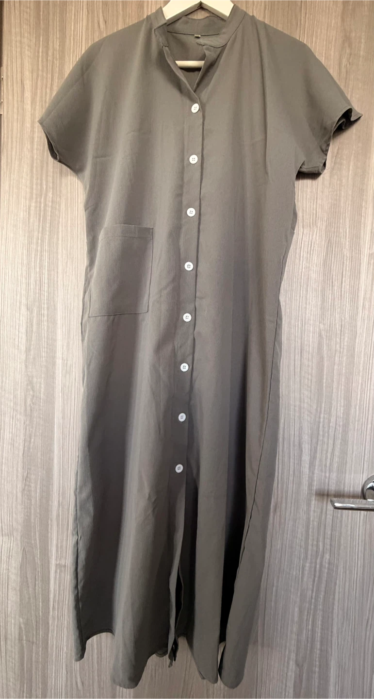 Grey Button-Front Midi Dress