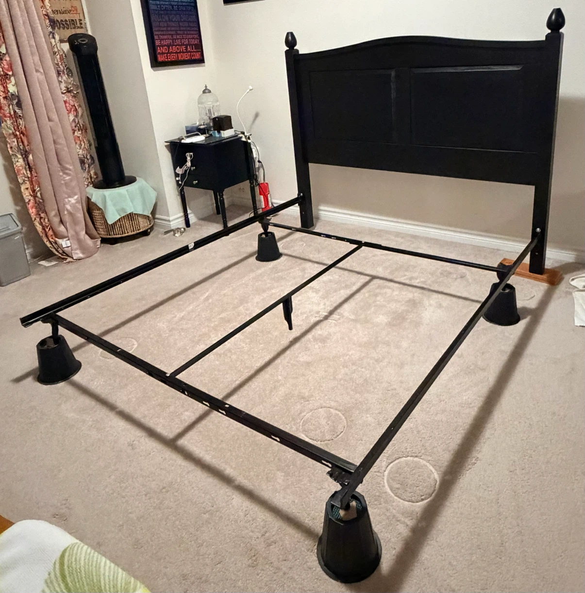 Queen Metal bed frame with Dark Brown headboard