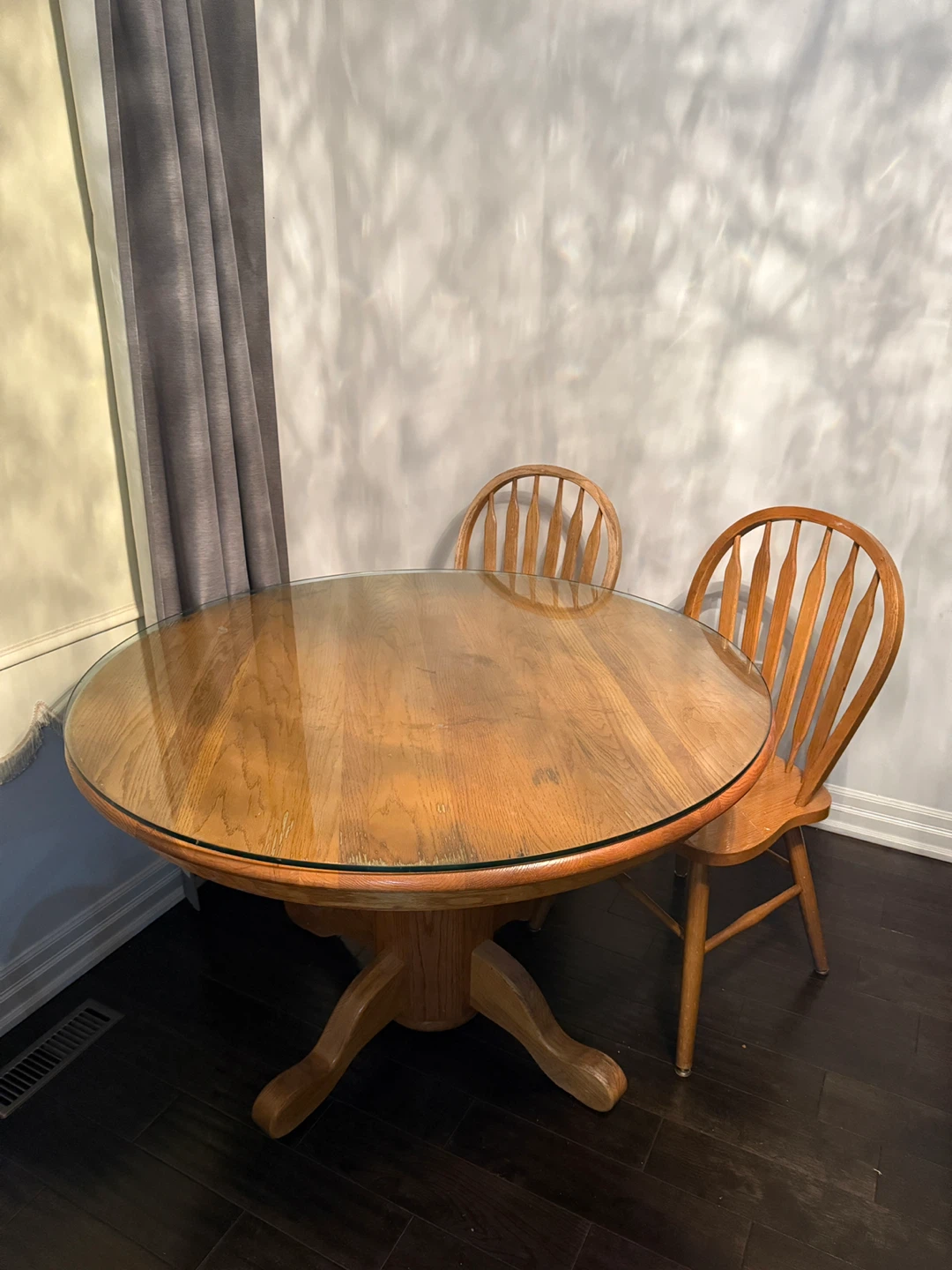 Round Oak Dining Table with Two Chairs