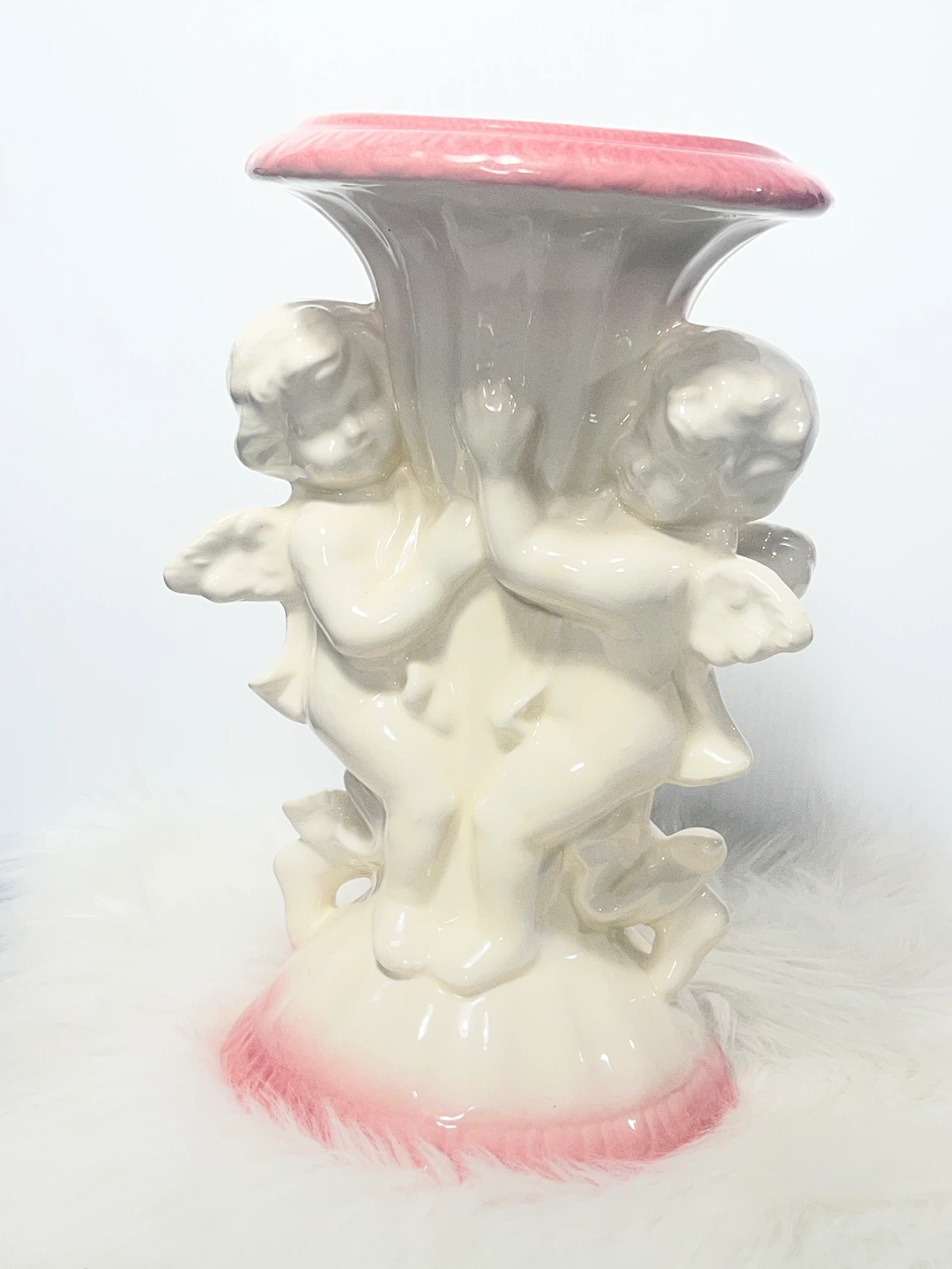 Title: Vintage 12" Pink & White Cherub Ceramic Vase / Planter