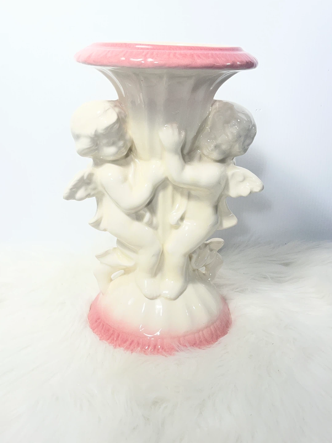 Title: Vintage 12" Pink & White Cherub Ceramic Vase / Planter - photo 2