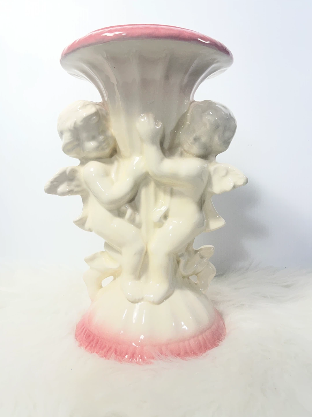 Title: Vintage 12" Pink & White Cherub Ceramic Vase / Planter - photo 4