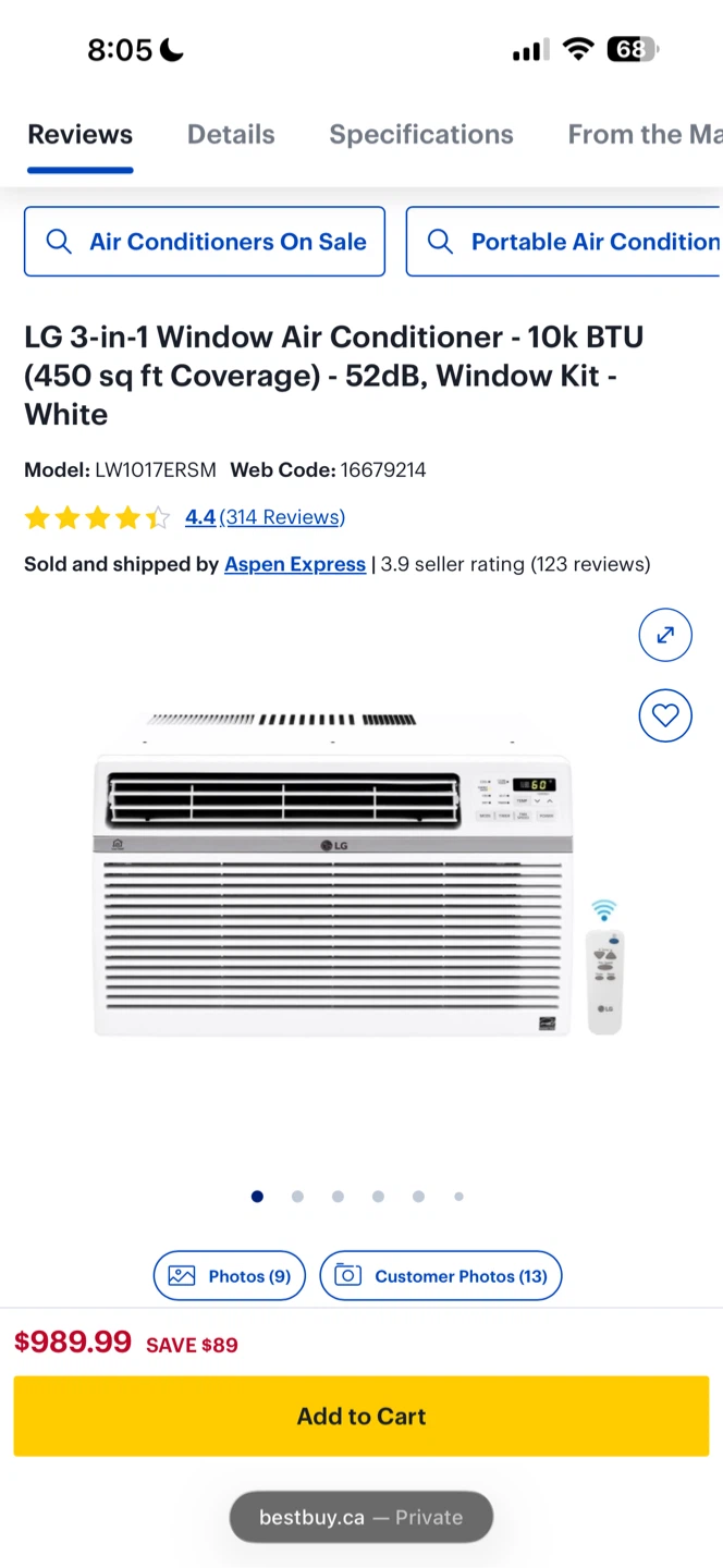 LG Window Air Conditioner Model LW1017ERSM