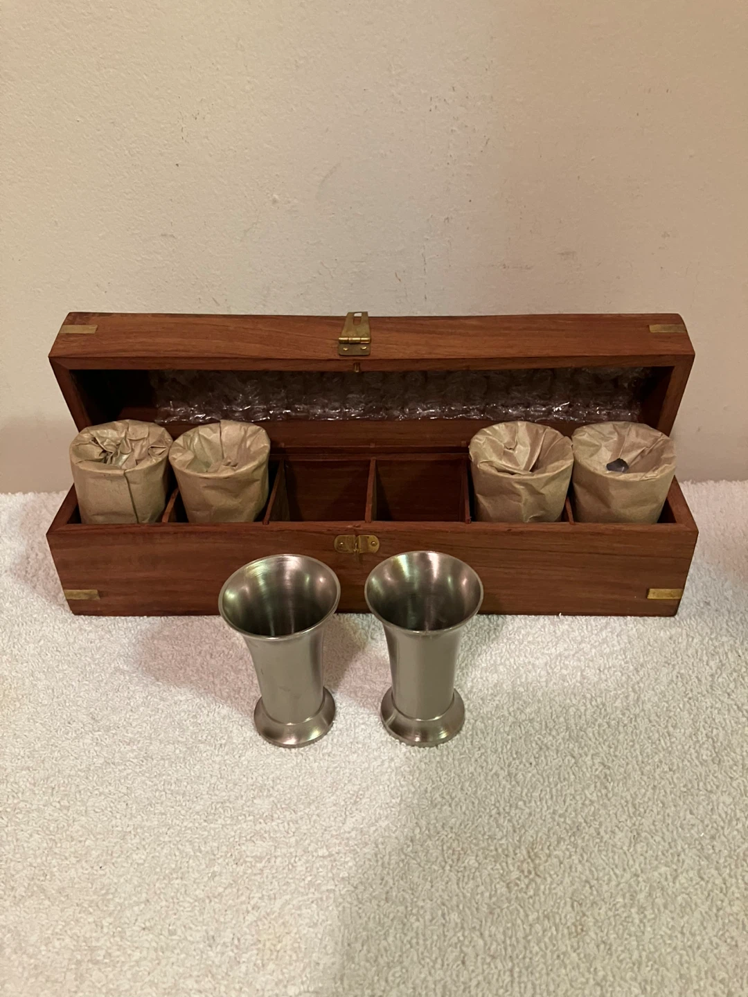 Vintage Metal Goblets in Wooden Storage Box