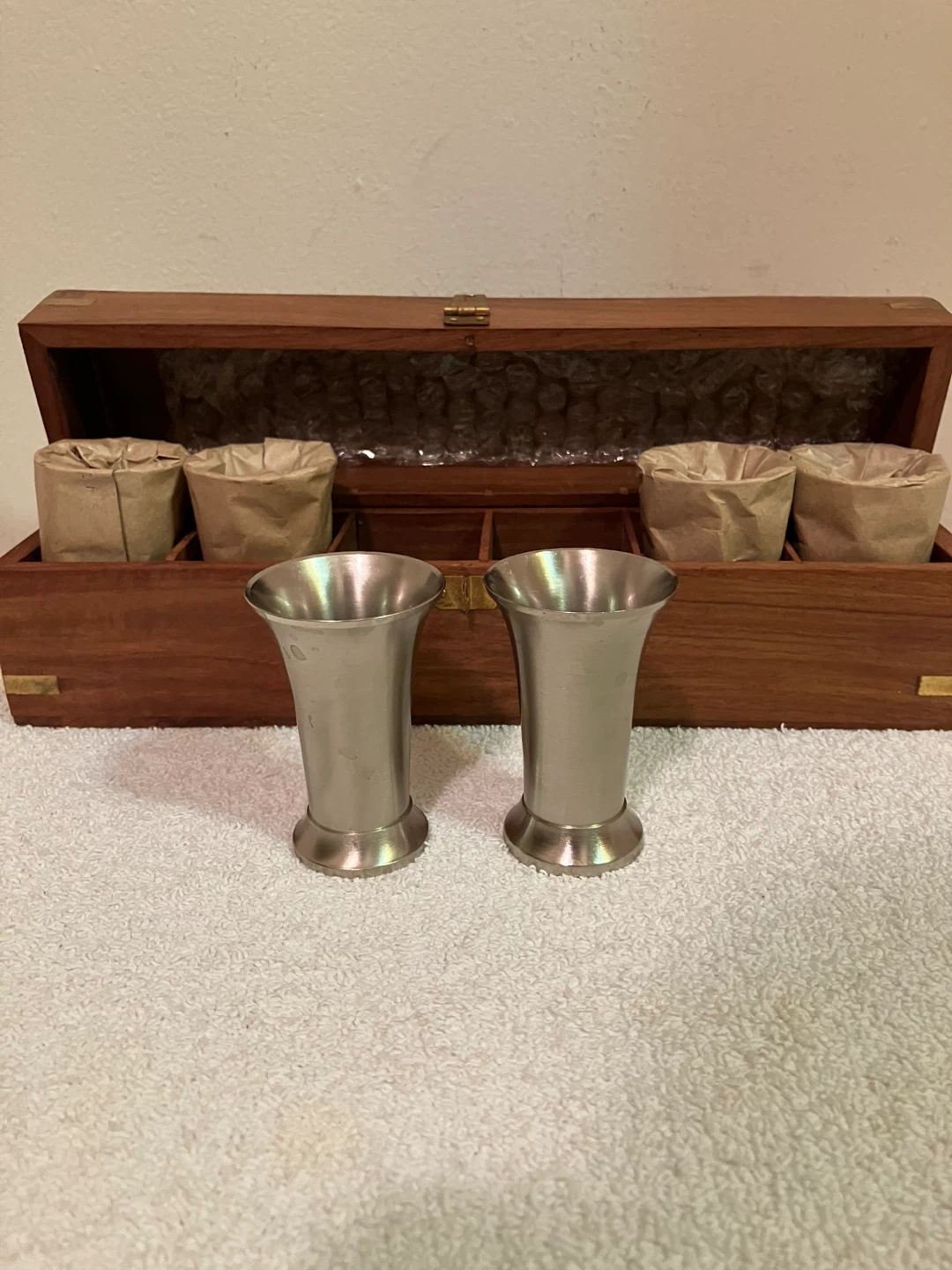 Vintage Metal Goblets in Wooden Storage Box - photo 2