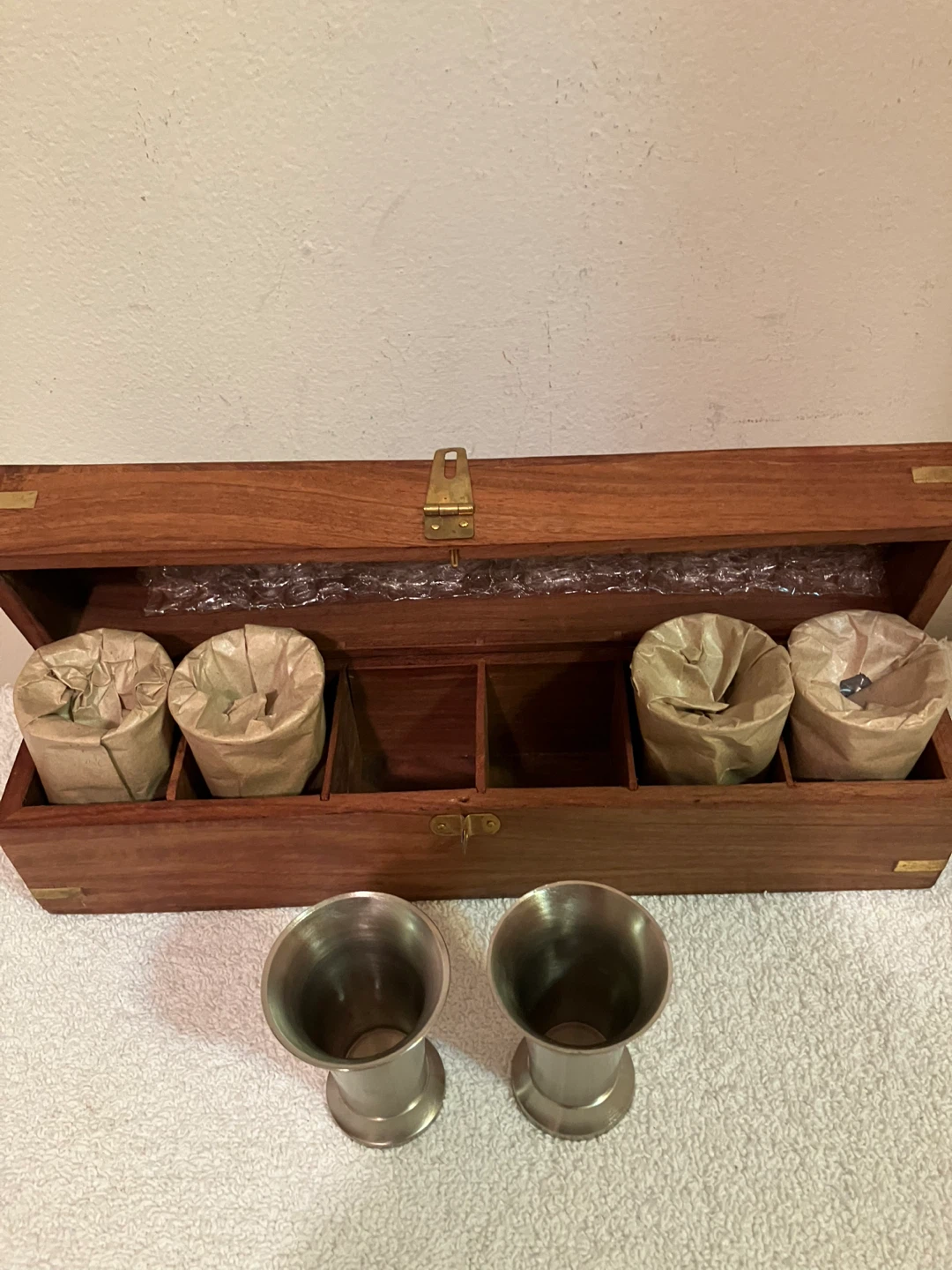 Vintage Metal Goblets in Wooden Storage Box - photo 3