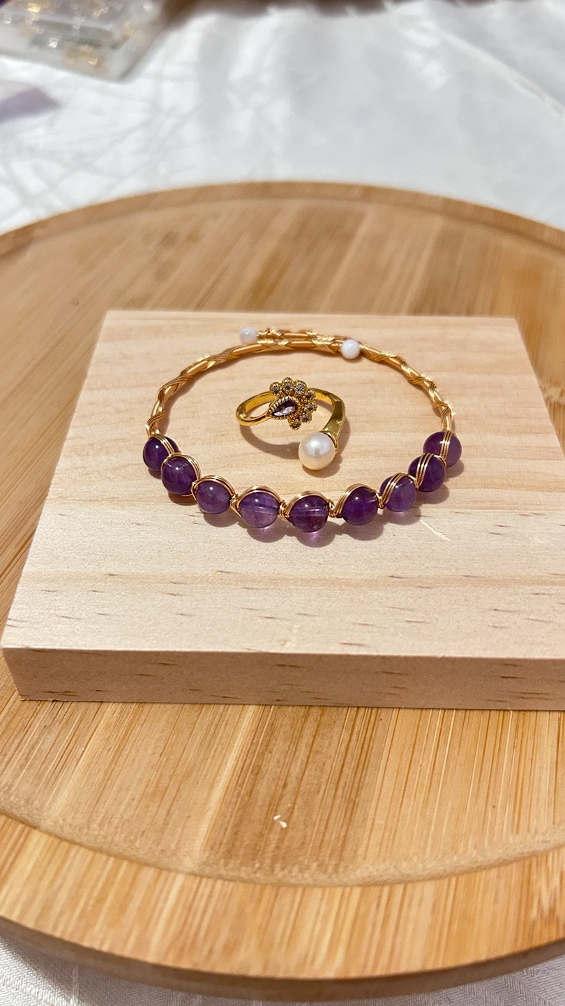 Natural Amethyst bead bracelet and pearl ring set