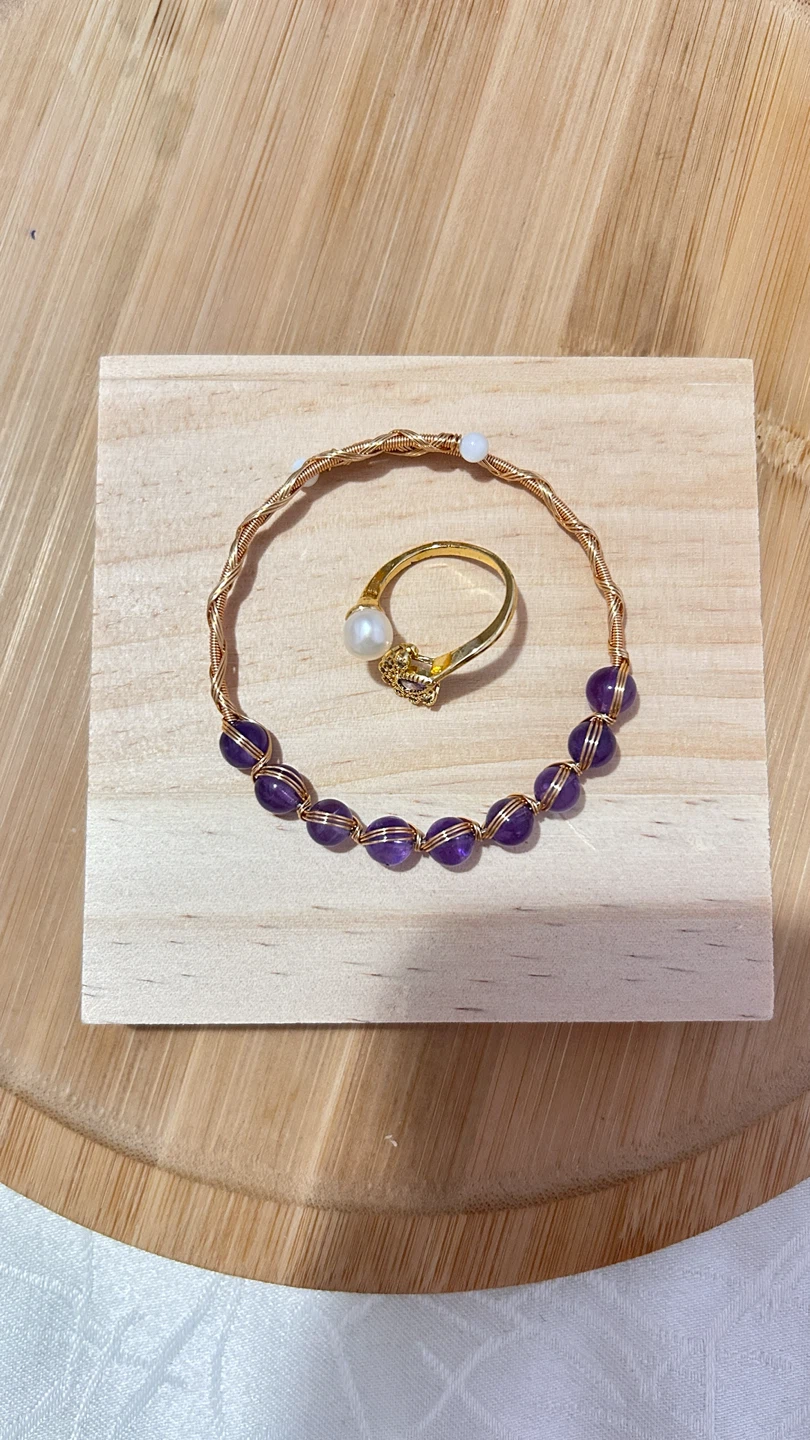 Natural Amethyst bead bracelet and pearl ring set - photo 2