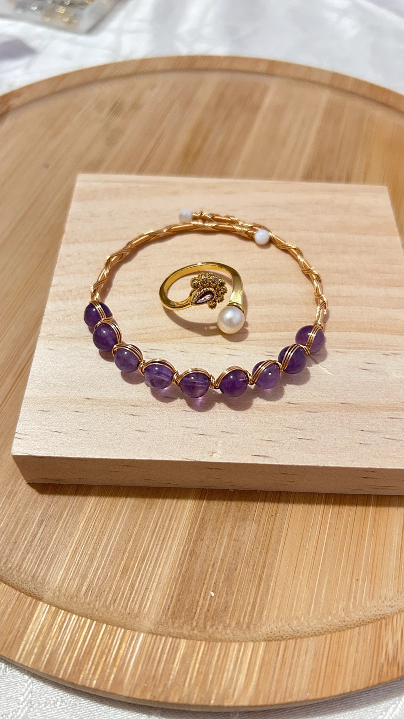 Natural Amethyst bead bracelet and pearl ring set - photo 3