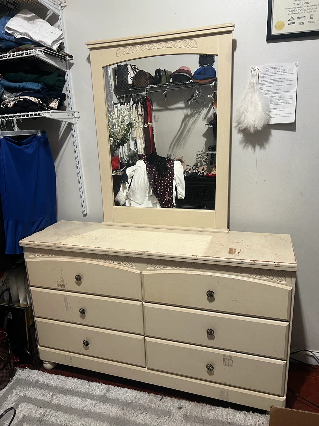 Cream Colored Dresser with Attached Mirror
