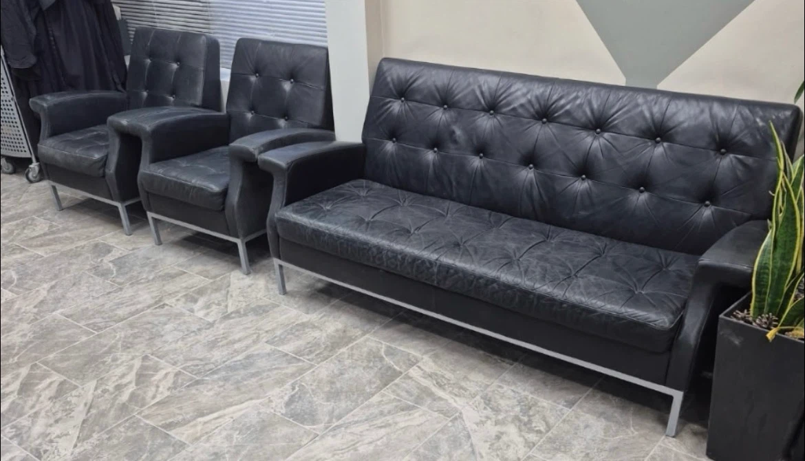 Black Leather Sofa and Two Matching Armchairs
