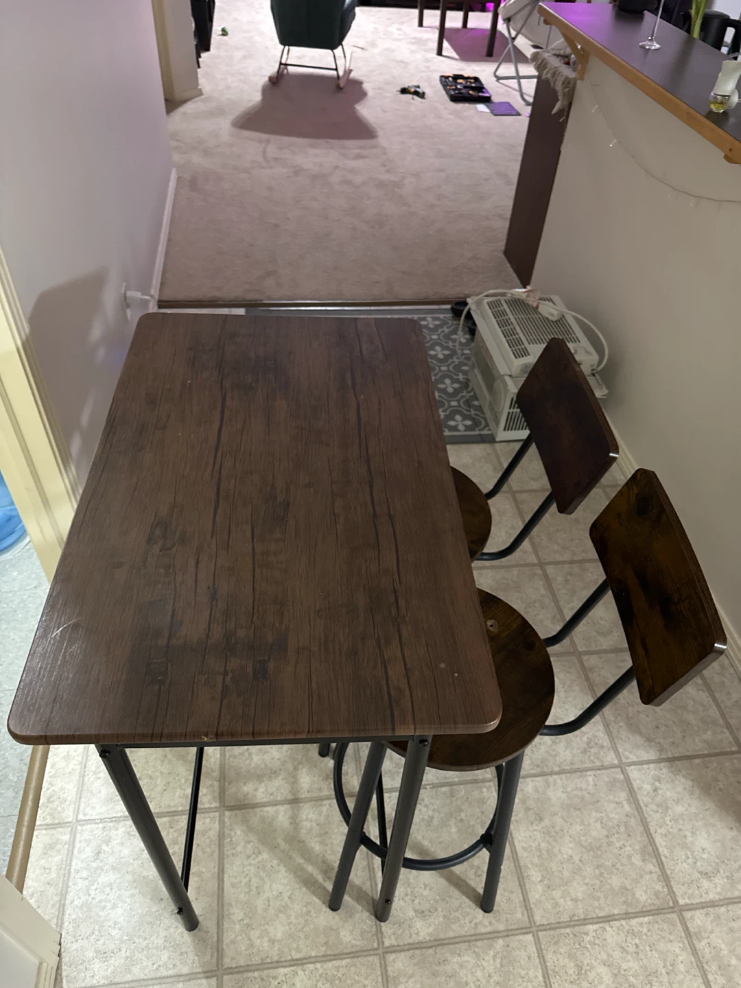 Rustic Wood Dining Table with Two bar chairs Stools