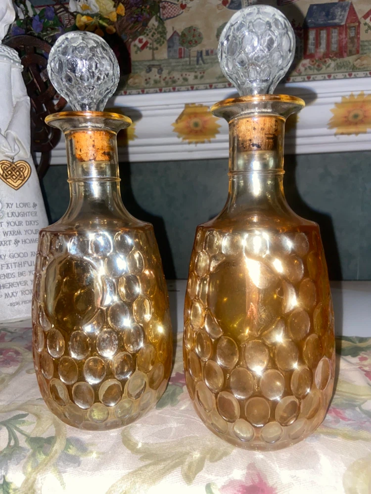 Set of 2 Amber Gold Glass Decanters