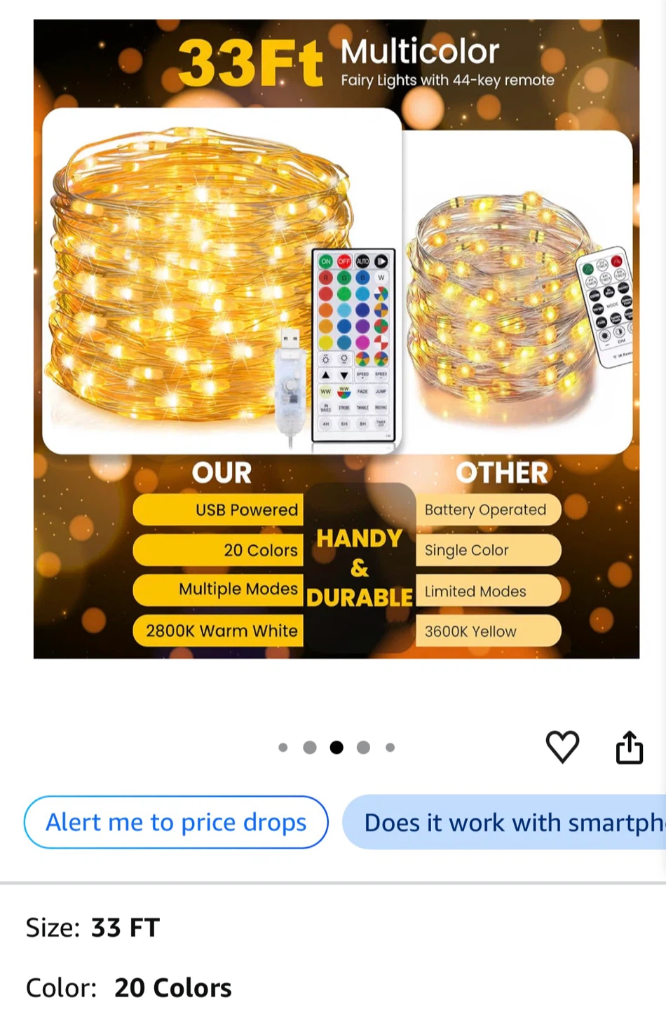 33ft Multicolor Fairy Lights with Remote - photo 3