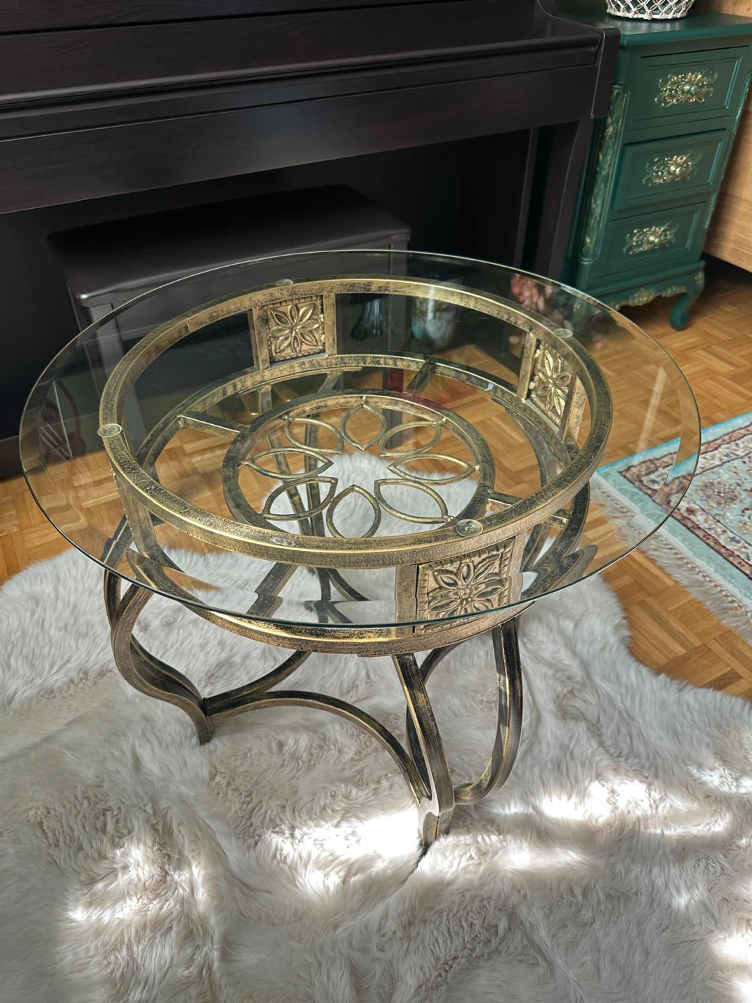 Ornate Round Metal and Glass Side Table