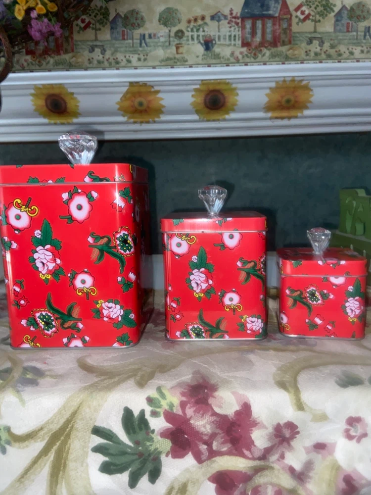 Set of 3 Red Floral Storage Tins with Crystal-Look Knobs