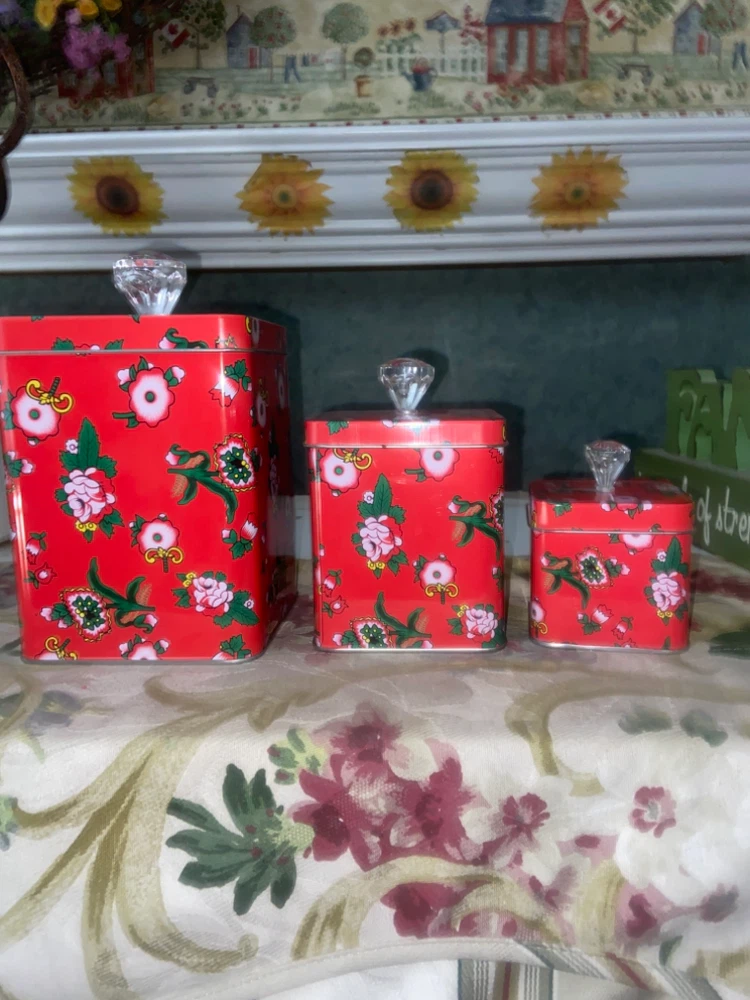 Set of 3 Red Floral Storage Tins with Crystal-Look Knobs - photo 2