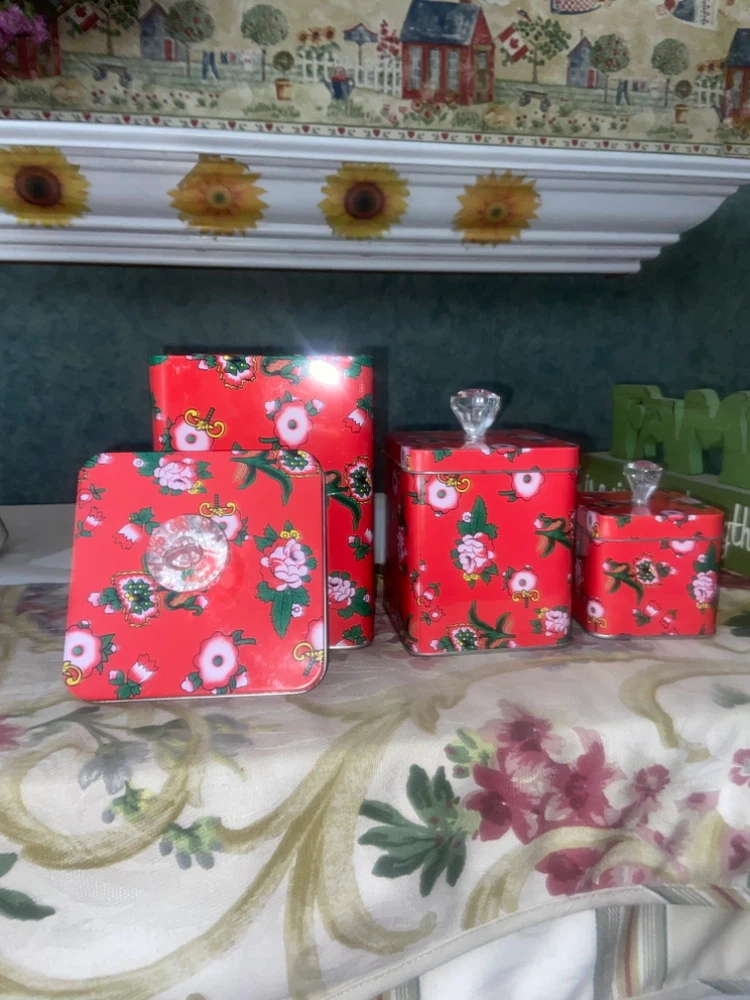 Set of 3 Red Floral Storage Tins with Crystal-Look Knobs - photo 3
