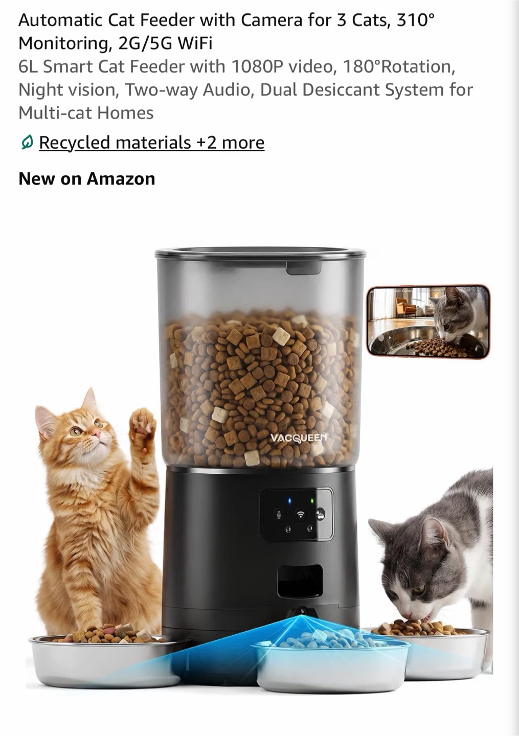 6L Automatic Smart Cat Feeder for multiple cats with Camera