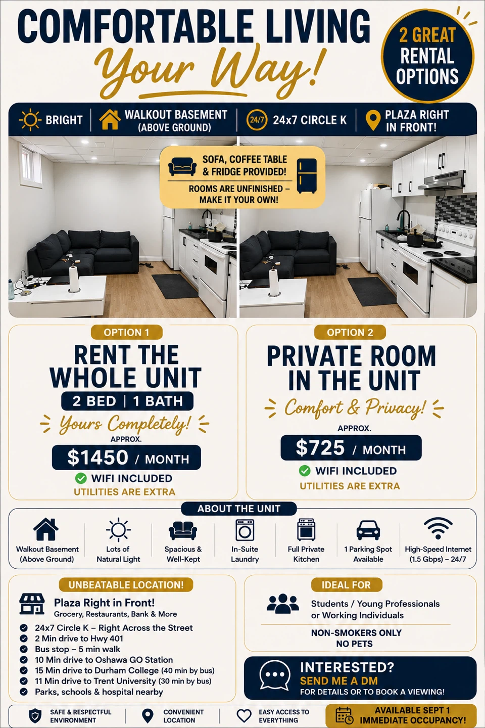 2 Bedroom 1 Bathroom Walkout Basement Unit