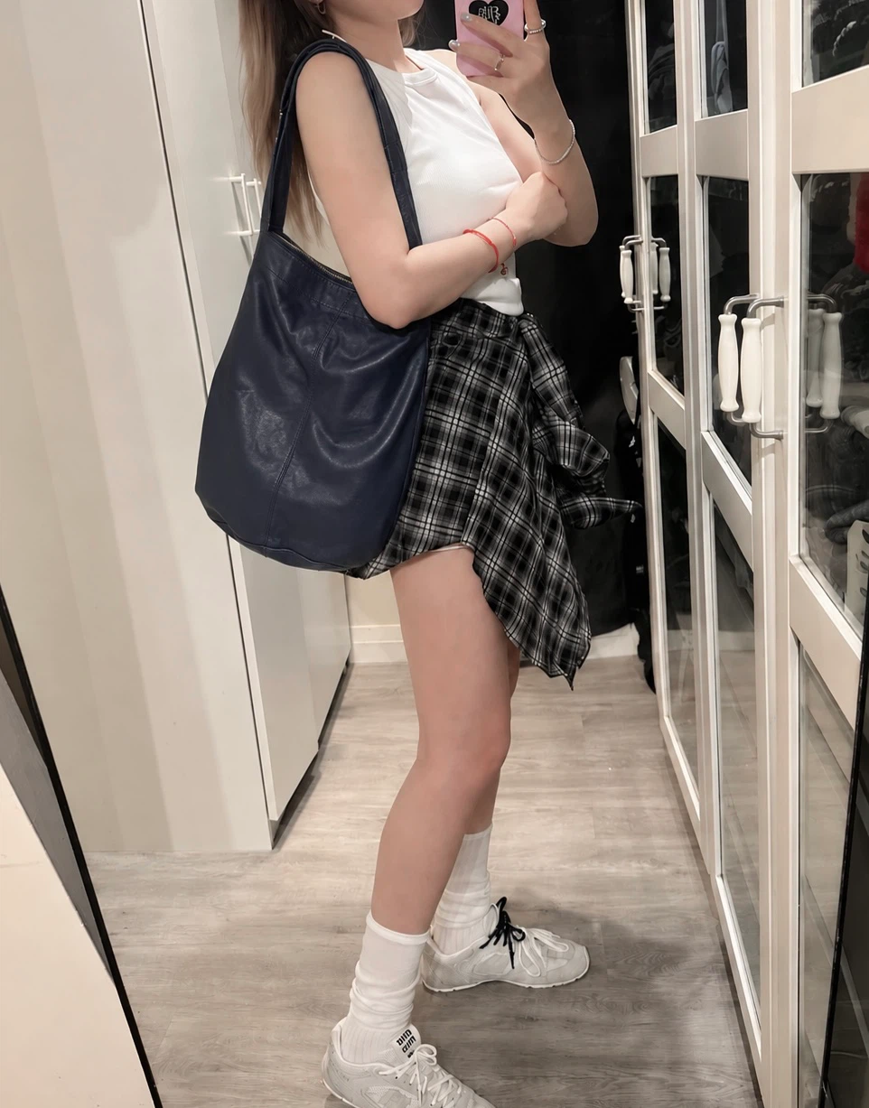 & Other Stories Navy Leather Shoulder Bag