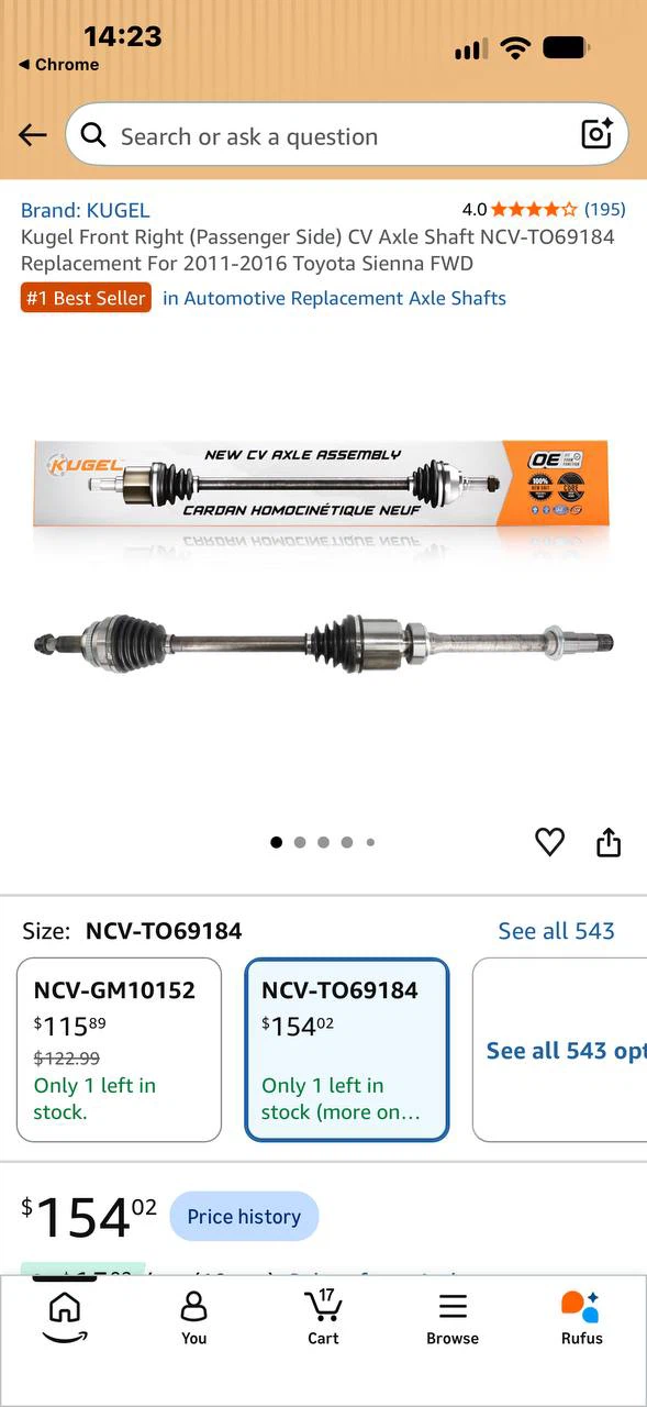 H1012 KUGEL Front Right CV Axle Shaft for 2011–2016 Toyota Sien