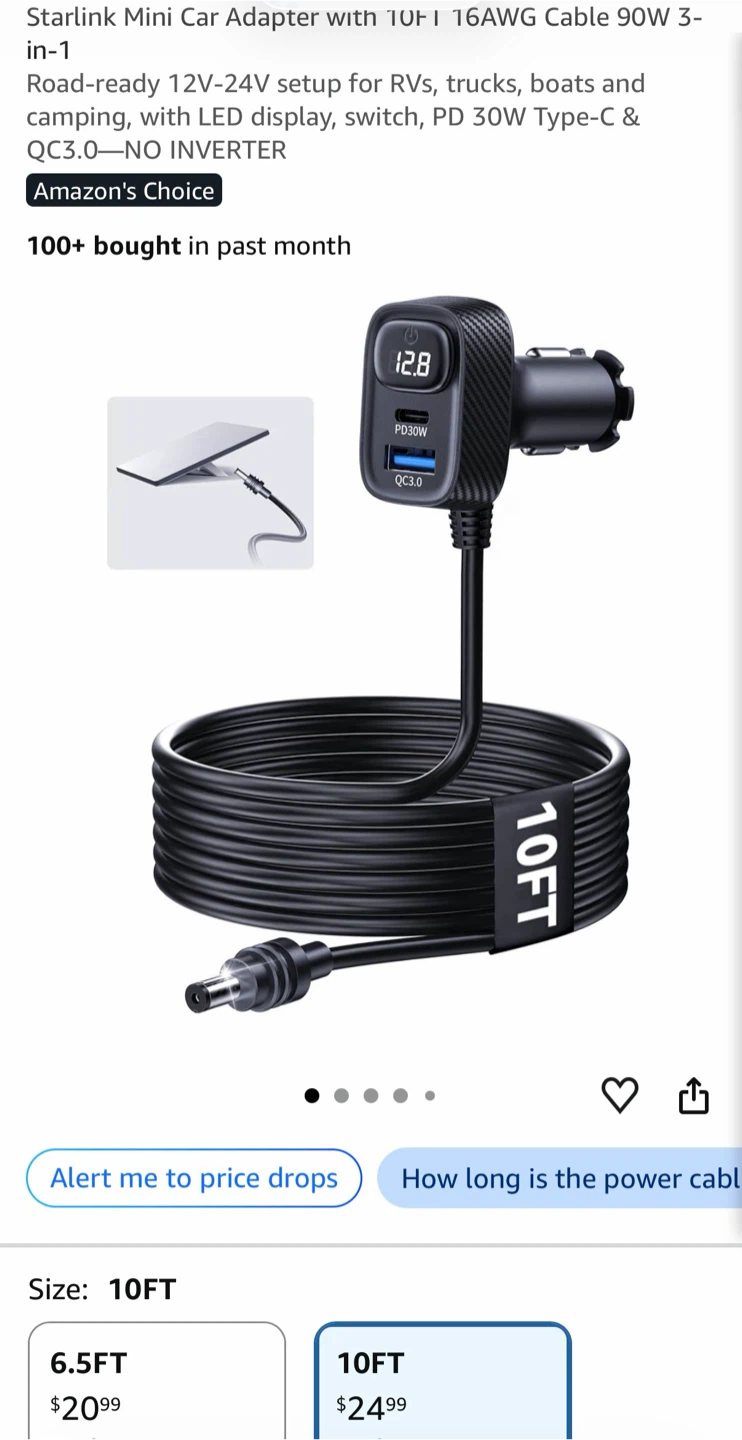 Starlink Mini Car Adapter 10ft 90W 3-in-1