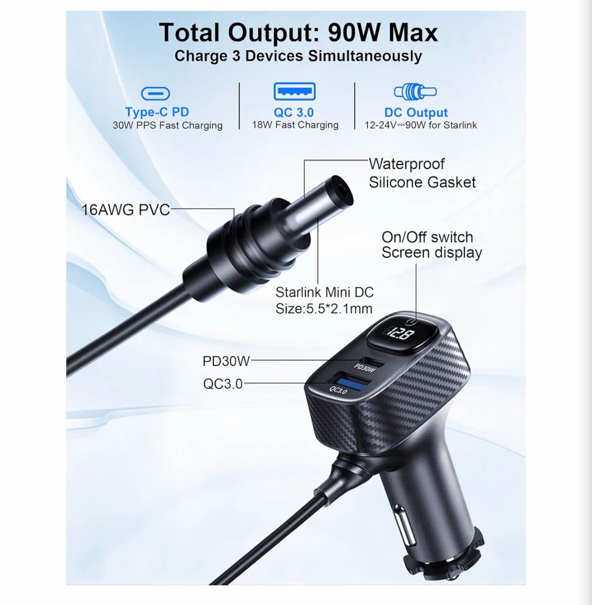 Starlink Mini Car Adapter 10ft 90W 3-in-1 - photo 2