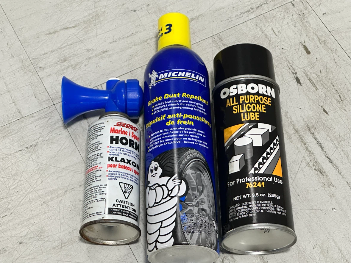 Brake Dust Repellent, Osborn Silicone Lube, and Marine Horn