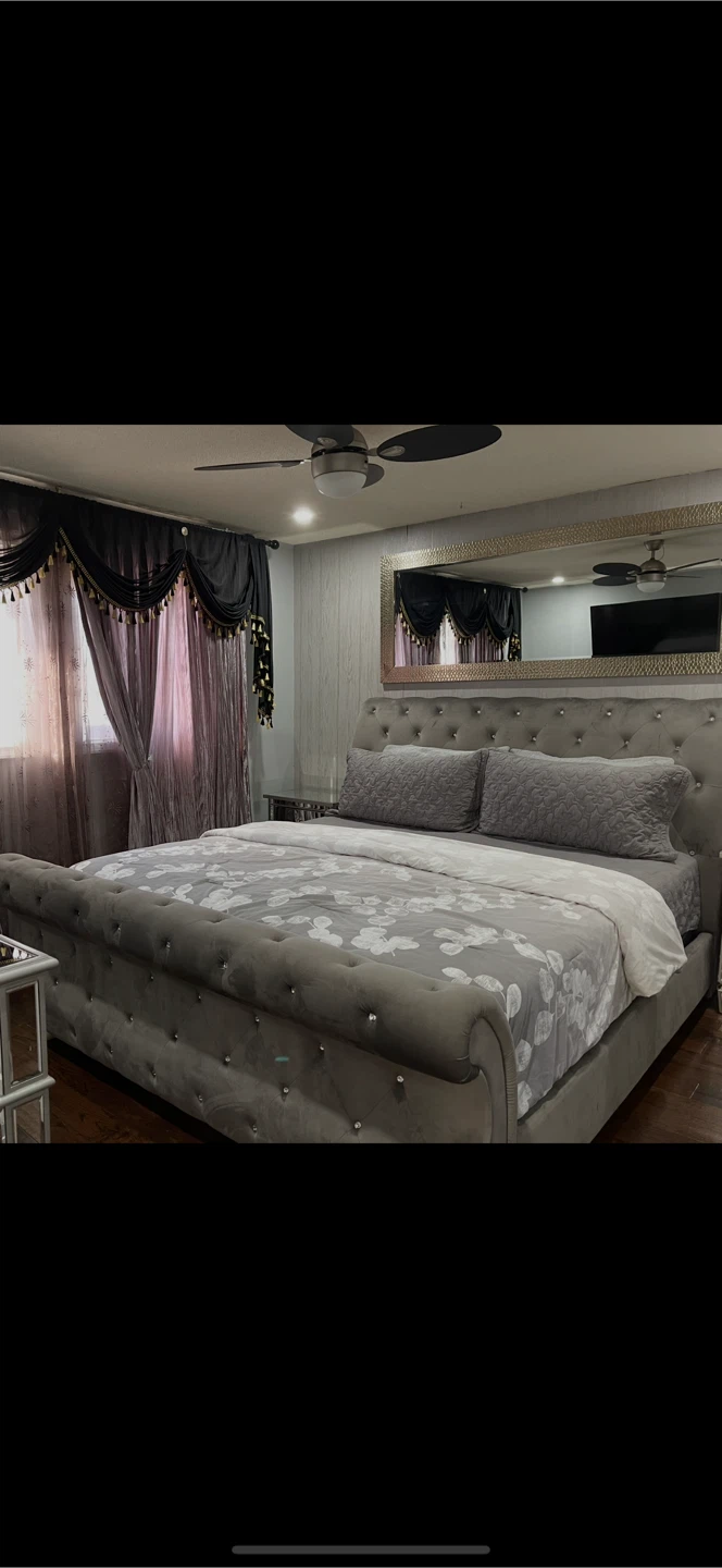 Grey Velvet Upholstered King Bed Frame