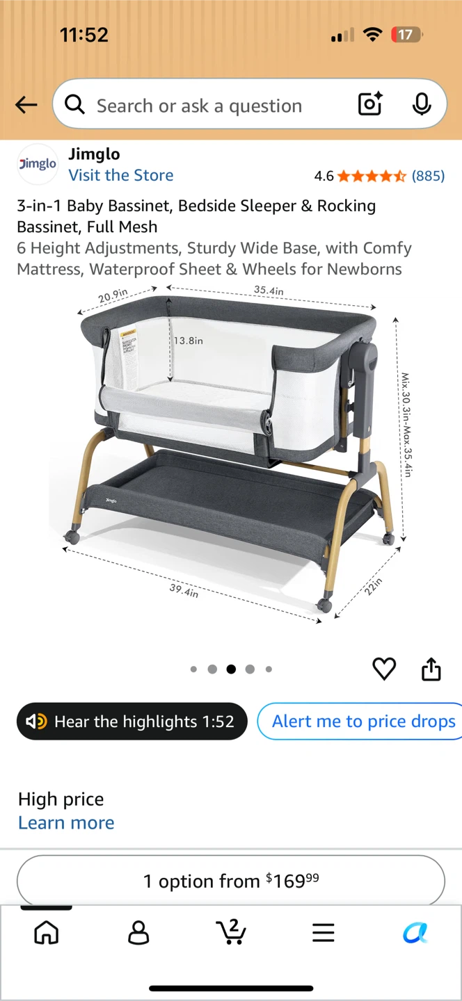 Jimglo 3-in-1 Baby Bassinet Bedside Sleeper