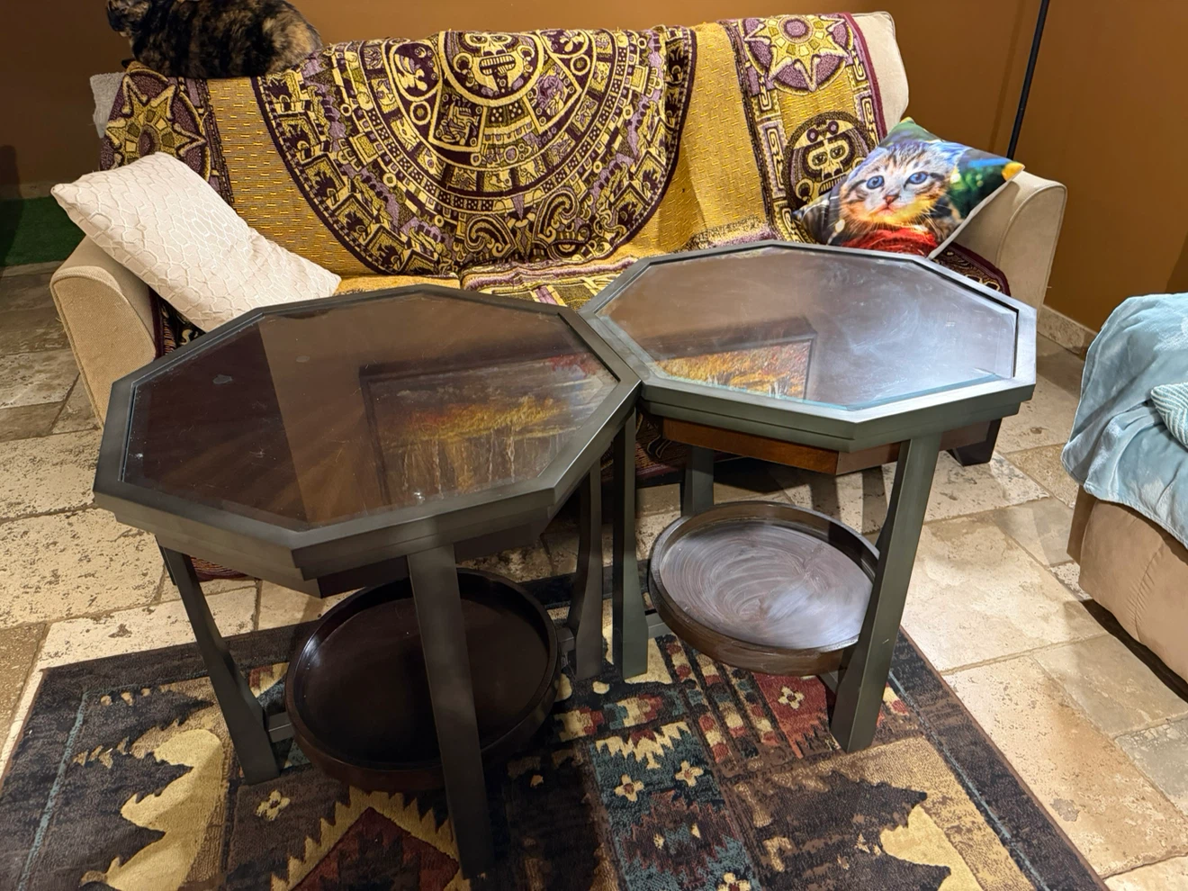 Set of two octagonal high coffee tables