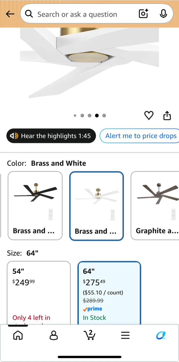 64" Brass and White Ceiling Fan - photo 5