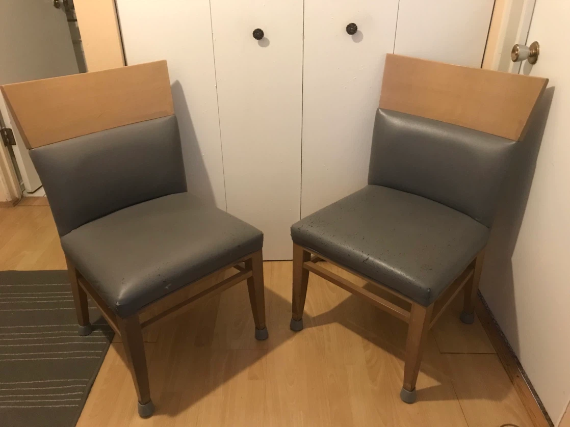 Two Wooden Dining Chairs with Grey Seats