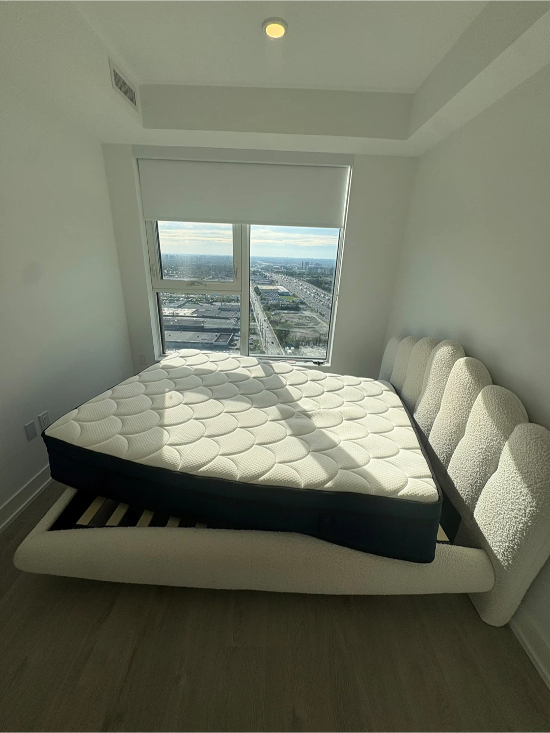 Modern Cream Boucle Fabric Queen Floating Bed+ Mattress