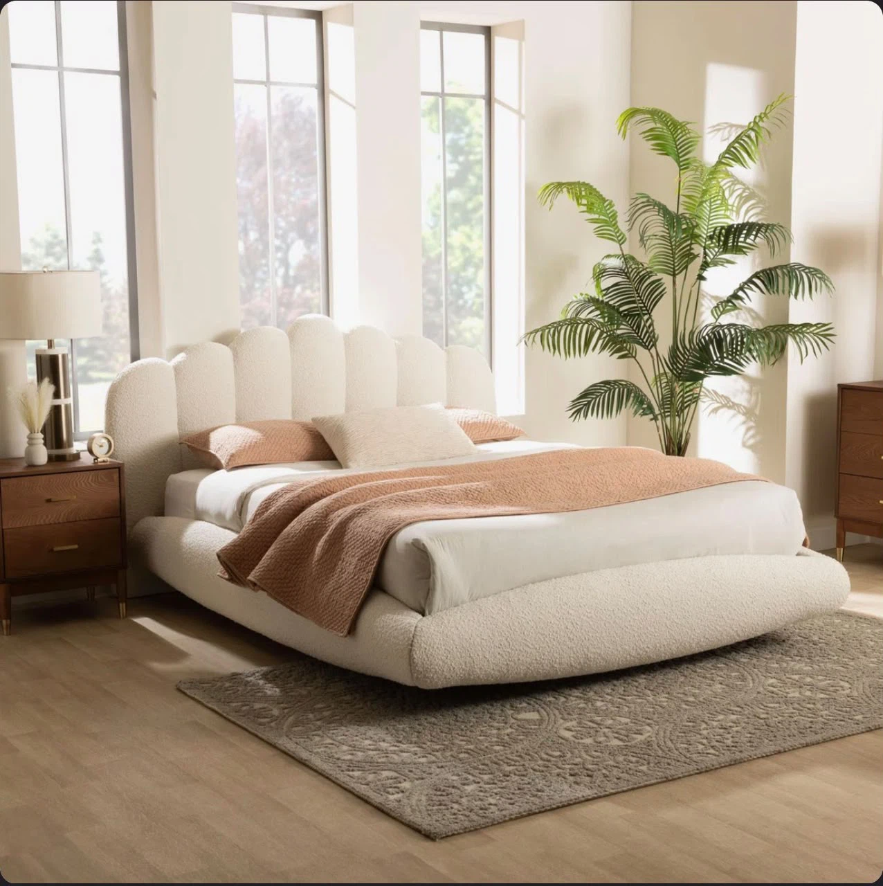 Modern Cream Boucle Fabric Queen Floating Bed+ Mattress - photo 4