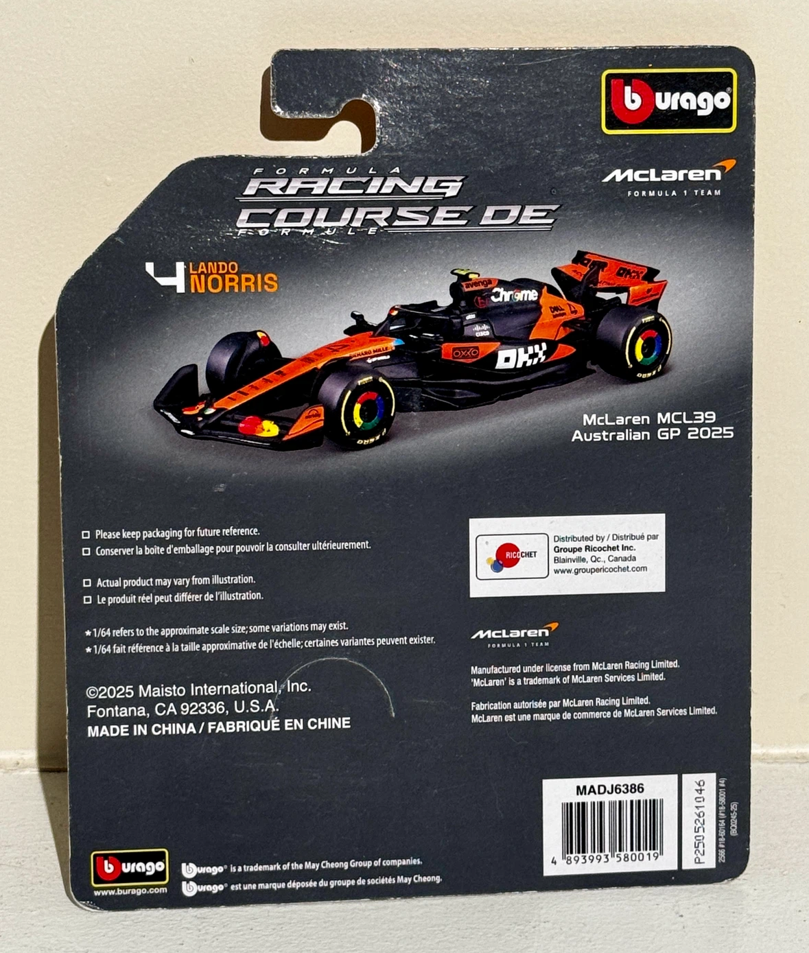 Bburago Lando Norris McLaren MCL39 1:64 Scale Model - photo 2