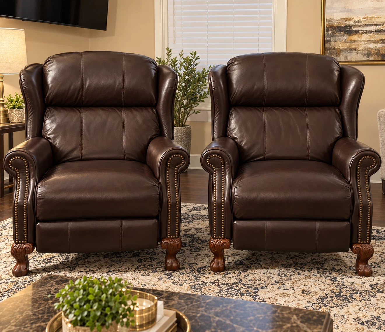 Set of Two Leather Recliner Armchairs