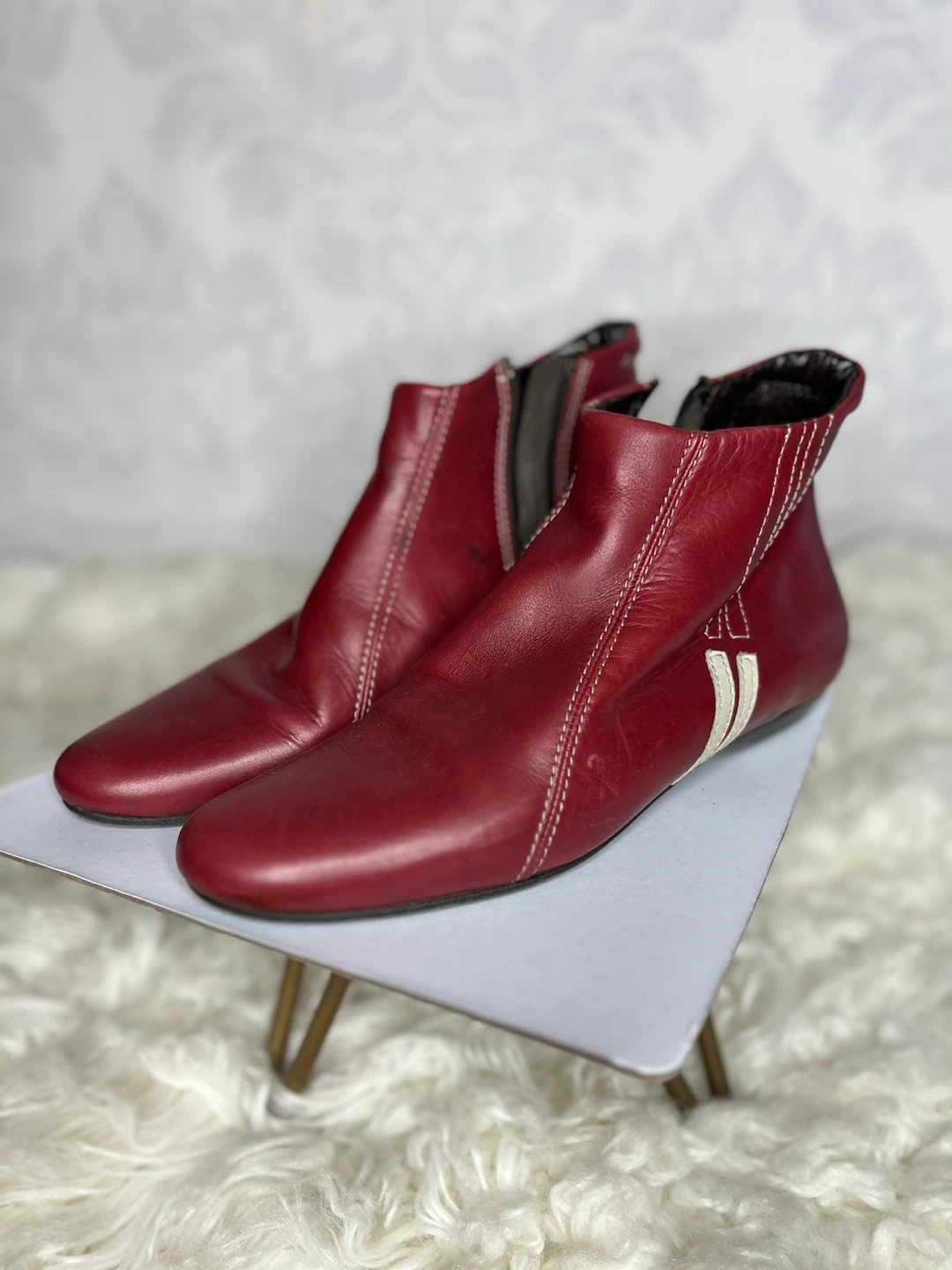 Red leather ankle boots