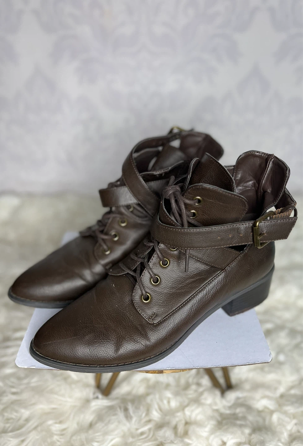 Dark brown faux leather ankle boots