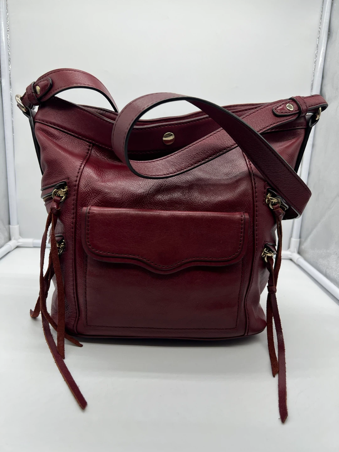 REBECCA MINKOFF Dexter Burgundy Red Leather Crossbody Bucket Bag