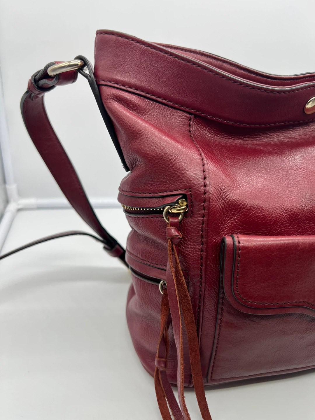 REBECCA MINKOFF Dexter Burgundy Red Leather Crossbody Bucket Bag - photo 2