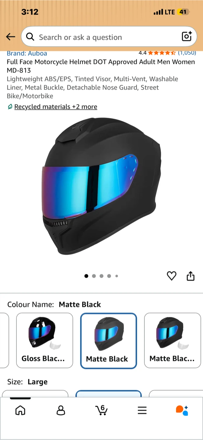 Auboa Full Face Motorcycle Helmet Matte Black Large