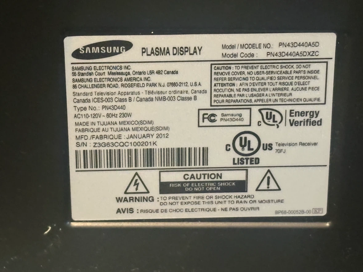 Samsung 43-inch Plasma TV Model PN43D440A5D
