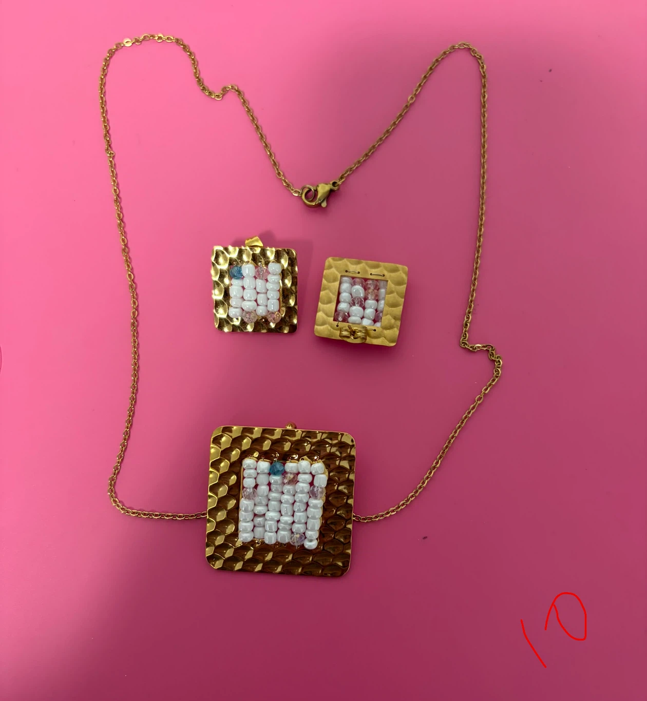 Gold Tone Square Bead Jewelry Set