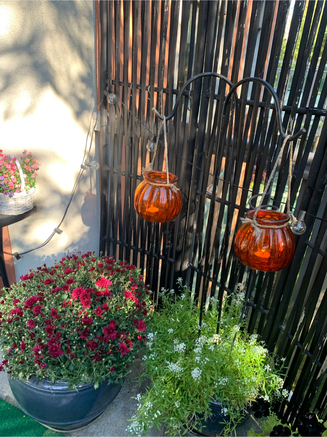 Set of 2 Amber Glass Pumpkin Hanging Lanterns