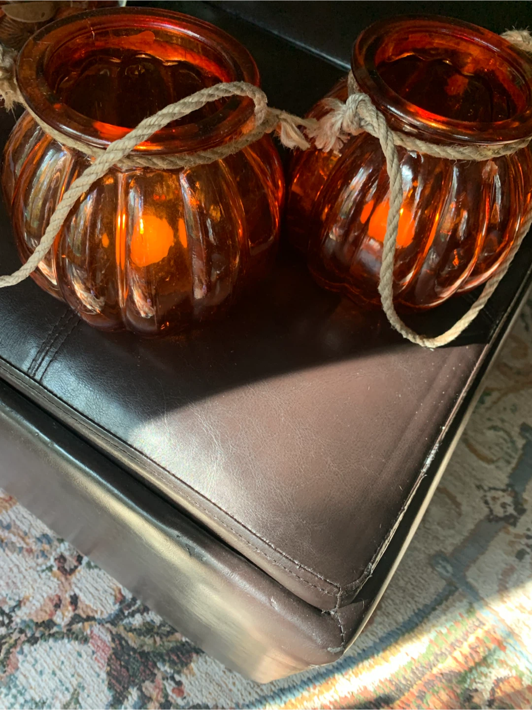 Set of 2 Amber Glass Pumpkin Hanging Lanterns - photo 2